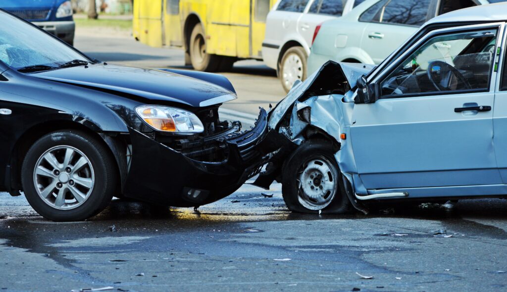 Aftermath of head-on car crash